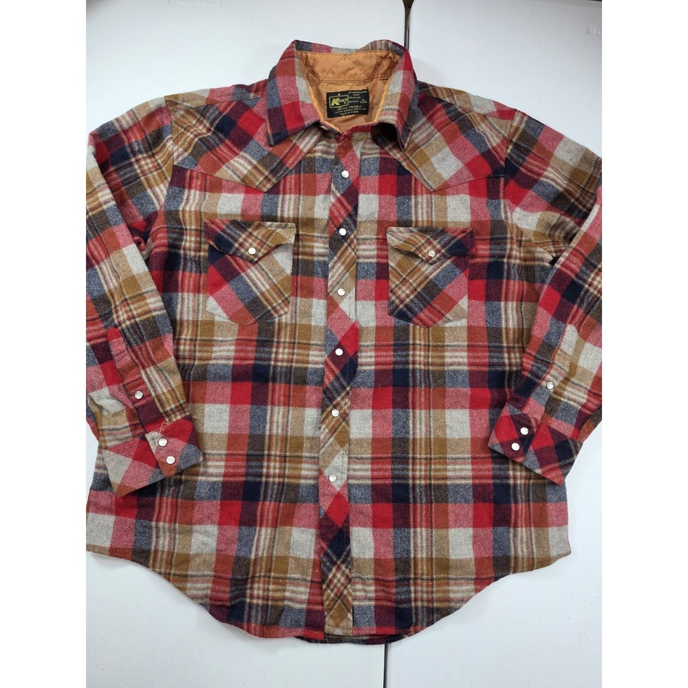 Vintage Kmart Shirt Mens XL Brown Plaid Heavy Wool Blend Western Snap 80s